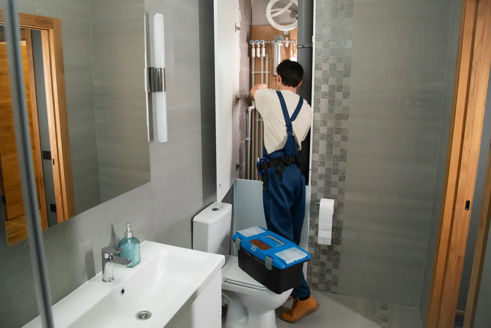 Artisan plombier au travail dans une salle de bain, coût d'un site internet